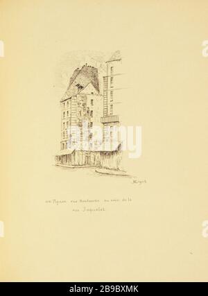 [Vecchia Parigi] un pignone, rue Montmartre all'angolo della strada Joquelet 1902 Henri Chapelle (1850-1925), dessinateur français. Le Vieux Paris. Un pignon, rue Montmartre au coin de la rue Joquelet. Pennacchio, encre de chine. Parigi (IIème arr.), 1902. Parigi, musée Carnavalet. Foto Stock