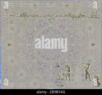 Mappa del mare di parte della costa del Brasile Pass carta delle rive del mare del Brasile, tra Rio das Contas e Cabo S. Thome (titolo su oggetto), carta del mare di parte della costa del Brasile, con due rose bussola, il Noorder è sulla destra. In basso a destra il titolo, l'indirizzo dell'editore e la scala, mostrato in tedesco, spagnolo e inglese o francese miglia (scala: c. 1: 1 500 000). Due uomini stanno combattendo con un mostro marino, mostri del mare, merman, barca a vela, barca a vela, Brasile, Jan Luyken, Amsterdam, 1683 - 1799, carta, incisione, h 522 mm × w 596 mm, Reimagined by Gibon, design di chee calde Foto Stock