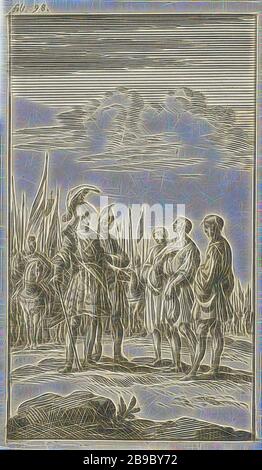 Tre uomini disarmati in conversazione con due comandanti dell'esercito, sullo sfondo soldati a cavallo, segnato in alto a sinistra: Foli 98, comandante in capo, generale, maresciallo, forze terrestri, Jan Luyken, Amsterdam, 1685, carta, incisione, h 117 mm × w 68 mm, Reimagined by Gibon, disegno di calore allegro di luminosità e raggi di luce radianza. Arte classica reinventata con un tocco moderno. La fotografia ispirata al futurismo, che abbraccia l'energia dinamica della tecnologia moderna, del movimento, della velocità e rivoluziona la cultura. Foto Stock