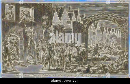 Omicidio durante la notte di Bartolomeo a Parigi, 1572 Murder di Parys, nell'anno 1572 il giorno di S. Bartolomeo (titolo su oggetto), Murder degli Huguenots a Parigi durante la notte di Bartolomeo 23-24 agosto 1572. Stampa, in alto a destra: Pag: 448, guerriero di massa, Delft, Paris, Wolfert van Borselen (i), Gaspard de Coligny (II), Jan Luyken, Amsterdam, 1685, carta, incisione, h 175 mm × w 291 mm, Reimagined by Gibon, design di calore allegro di luminosità e raggi di luce. Arte classica reinventata con un tocco moderno. Fotografia ispirata al futurismo, che abbraccia l'energia dinamica della tecnologia moderna, mov Foto Stock