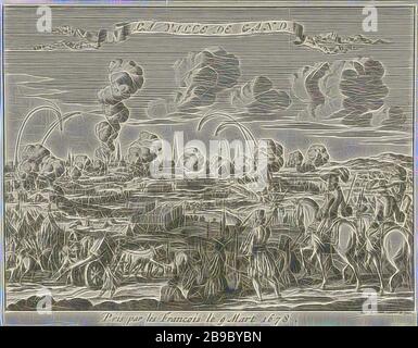 Assedio di Gand da parte dei francesi, 1678 la Ville de Gand (titolo su oggetto), assedio della città di Gand da parte dell'esercito francese sotto il re Luigi XIV. La città fu presa il 9 marzo 1678. In primo piano ufficiali francesi a cavallo, a distanza Ghent, assedio, posizione guerra, Gand, Jan Luyken (citato su oggetto), Amsterdam, 1680, carta, incisione, h 123 mm × w 157 mm, Reimagined da Gibon, disegno di calore allegro di luminosità e raggi di luce radianza. Arte classica reinventata con un tocco moderno. Fotografia ispirata al futurismo, che abbraccia l'energia dinamica della tecnologia moderna, del movimento, della velocità e. Foto Stock
