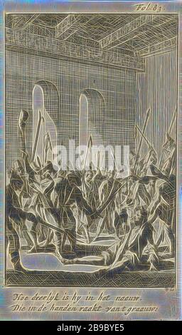 Il Sindaco Filips van den Brande assaltato dai ribelli agricoltori nel municipio, 1672, Stampa in alto a destra: Fol: 83. A margine un versetto a due righe, Street Fights, tums, Middelburg, Philip van den Brande, Caspar Luyken (citato su oggetto), Amsterdam, 1692, carta, incisione, h 148 mm × w 85 mm, Reimagined by Gibon, design di calore allegro luminoso e raggi di luce radianza. Arte classica reinventata con un tocco moderno. La fotografia ispirata al futurismo, che abbraccia l'energia dinamica della tecnologia moderna, del movimento, della velocità e rivoluziona la cultura. Foto Stock