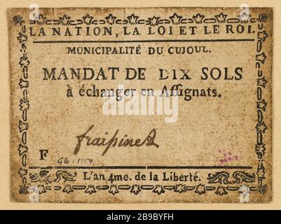 Mandato di 10 piani, il comune Cujoul, F, 4 ° anno di libertà. Anonyme. Mandat de 10 sols, municipalité du Cujoul, F, un 4eme de la Liberté. Typographie, encré. Parigi, musée Carnavalet. Foto Stock