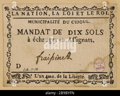 Mandato di 10 piani, il comune Cujoul, D, 4 ° anno di libertà. Anonyme. Mandat de 10 sols, municipalité du Cujoul, D, un 4eme de la Liberté. Typographie, encré. Parigi, musée Carnavalet. Foto Stock