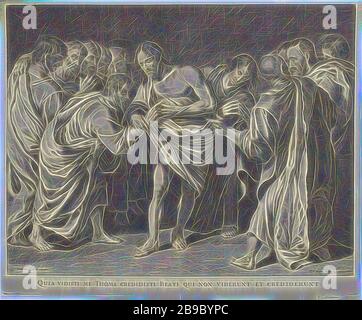 Thomas incredulo tocca la ferita di Cristo su Quia viditi me Thoma credidisti beati qui non viderunt et crediderunt (titolo su oggetto), Cristo mostra a Tommaso le sue ferite dopo la crocifissione in presenza degli altri apostoli., Tommaso tocca o distende le mani per toccare la ferita nel fianco di Cristo, A volte la mano di Cristo che guida Thomas, Cornelis van Dalen (i) (menzionato sull'oggetto), 1612 - 1665, carta, incisione, h 427 mm × w 517 mm, Reimagined by Gibon, disegno di calore allegro di luminosità e raggi di luce radianza. Arte classica reinventata con un tocco moderno. La fotografia ha ispirato b Foto Stock