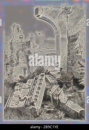 Rovine del castello di Bourscheid, in un paesaggio collinare, una rondine vola sopra le rovine del castello di Bourscheid, situato sul fiume Sûre, gelding di una dimora, casa, castello, ecc, canto-uccelli: Rondine fiume, Martinus Antonius Kuytenbrouwer jr. (Citato in oggetto), Bruxelles, 1853, carta, cartongesso, h 323 mm × w 234 mm, Reimagined by Gibon, disegno di calore allegro di luminosità e raggi di luce radianza. Arte classica reinventata con un tocco moderno. La fotografia ispirata al futurismo, che abbraccia l'energia dinamica della tecnologia moderna, del movimento, della velocità e rivoluziona la cultura. Foto Stock