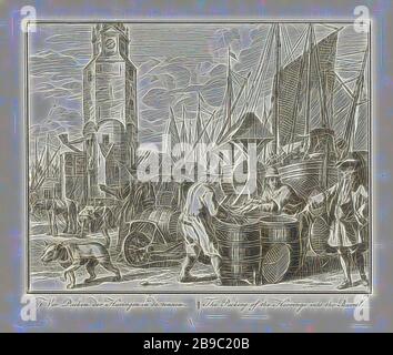 Aringhe avvolte in botti la Pacing del Aringa in botti / l'imballaggio delle aringhe nei Barrils (titolo su oggetto) Grande Vissery (titolo serie), l'aringa catturato in banchina imballato in tonnellate e tolto. Nelle torri di vela di fondo e una torre. La stampa fa parte di una serie di stampe in 32 parti con rappresentazioni sulle catture di aringhe, pesca marittima e costiera, contenitore in legno: Botte, botte, secchio, pesci ossei: Aringa, Adolf van der Laan, Amsterdam, 1728 - 1761, carta, acquaforte, h 178 mm × w 207 mm, Reimagined by Gibon, disegno di calda luce allegra e luminosa Foto Stock