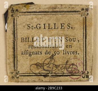 Economico 1 centesimo, Saint-Gilles. Anonyme. Billet d'1 sou, Saint-Gilles. Typographie, encré. Parigi, musée Carnavalet. Foto Stock
