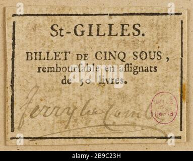 5 nota a Saint-Gilles. Anonyme. Billet de 5 sous, Saint-Gilles. Typographie, encré. Parigi, musée Carnavalet. Foto Stock