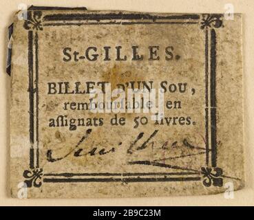 Economico 1 centesimo, Saint-Gilles. Anonyme. Billet d'1 sou, Saint-Gilles. Typographie, encré. Parigi, musée Carnavalet. Foto Stock