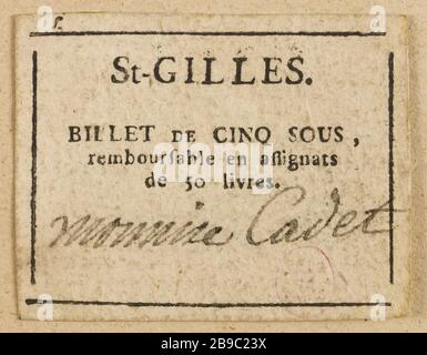 5 nota a Saint-Gilles. Anonyme. Billet de 5 sous, Saint-Gilles. Typographie, encré. Parigi, musée Carnavalet. Foto Stock