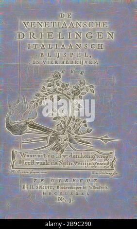 Maschere e armi su un ramo di rosa pagina del titolo per: A. Collalto, le triplette veneziane, 1781, maschera, fiori: Rosa, armi di lancio: Lancia, armi dell'arciere: Arrow, Johannes van Hiltrop (menzionato sull'oggetto), Utrecht, carta, stampa letterpressa, h 165 mm × w 104 mm, Reimagined by Gibon, disegno di calore allegro di luminosità e raggi di luce radianza. Arte classica reinventata con un tocco moderno. La fotografia ispirata al futurismo, che abbraccia l'energia dinamica della tecnologia moderna, del movimento, della velocità e rivoluziona la cultura. Foto Stock