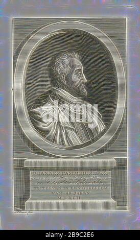 Ritratto di Johan Casimir, palatina sul Reno, Ritratto busto in ovale a destra di Johan Casimir, in armatura. Sotto l'ovale il suo nome, i titoli e la data di morte sono scritti su un piedistallo, Johan Casimir van Palts-Lautern, Christian Friedrich Fritzsch (menzionato sull'oggetto), 1753 - 1774 e/o 1786, carta, incisione, h 178 mm × w 111 mm, Reimagined by Gibon, design di calore allegro di luminosità e raggi di luce radianza. Arte classica reinventata con un tocco moderno. La fotografia ispirata al futurismo, che abbraccia l'energia dinamica della tecnologia moderna, del movimento, della velocità e rivoluziona la cultura. Foto Stock