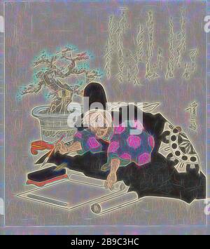 Scrivere l'uomo in kimono nero (titolo della serie), Musashibô Benkei, in kimono nero, si piega su un foglio di carta con un pennello in mano per fare la prima calligrafia del nuovo anno. Dietro di lui un albero di prugna in miniatura in fiore in un vaso, con un segno che dice 'Garyûbai', il nome del famoso albero di prugna presso il santuario Kameido Tenjin a Edo (oggi Tokyo). Con tre poesie, foglio destro di un diptych, calligrafia (variante), albero: Plum-tree, Keisai Eisen (citato su oggetto), Giappone, 1825 - 1829, carta, lucidatura, h 207 mm × w 188 mm, Reimagined by Gibon, disegno di calore allegro brillante di Brightnes Foto Stock