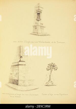 [Vecchia Parigi] una nicchia all'angolo di Villeshardoin e Turenne; un angolo all'angolo di Charles Street e Prevost; l'albero a Liegi 10 rue Tiqueton Henri Chapelle (1850-1925), dessinateur français. Le Vieux Paris. Une niche à l'angle des rues Villeshardoin et de Turenne ; une encoignure à l'angle des rues Charlemagne et du Prénost ; l'arbre à Liège 10 rue Tiqueton. Parigi (IIIème arr.). Pennacchio, encre de chine. Parigi, musée Carnavalet. Foto Stock