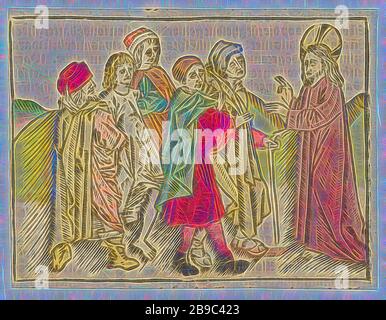 Cristo guarisce due ciechi ed uno posseduto, Cristo fa un gesto beato a due ciechi e posseduti che sono tenuti da due uomini, Cristo guarisce il popolo cieco, guarendo un uomo posseduto che era anche muto (Matteo 9:32-34, Luca 11: 14-16), Meester van Antwerpen (i) (attribuito a), Nederlanden, 1485 - 1491, carta, h 92 mm × w 124 mm, Reimagined by Gibon, disegno di calore allegro di luminosità e raggi di luce radianza. Arte classica reinventata con un tocco moderno. La fotografia ispirata al futurismo, che abbraccia l'energia dinamica della tecnologia moderna, del movimento, della velocità e rivoluziona la cultura. Foto Stock