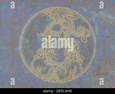 Medaglione con Minerva, Medallion con un'immagine di una donna imbrigliata con un drago sul suo casco, forse inteso come la dea Minerva. La stampa fa parte di un album, (storia di) Minerva (Pallas, Athena), anonimo, 1551 - 1650, carta, incisione, h 71 mm × w 71 mm, Reimagined by Gibon, disegno di calore allegro di luminosità e raggi di luce radianza. Arte classica reinventata con un tocco moderno. La fotografia ispirata al futurismo, che abbraccia l'energia dinamica della tecnologia moderna, del movimento, della velocità e rivoluziona la cultura. Foto Stock