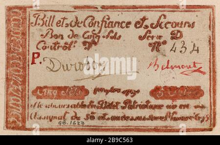 Fiducia dei biglietti e sollievo 5 piani fiducia in denaro 695 rue Saint-Honoré, Serie D, No. 434-P, 1 7bre 1791. Anonyme. Billet de confiance et de secours de 5 sols, caisse de confiance du 695 rue Saint-Honoré, série D, n° 434-P, 1er 7bre 1791. Typographie rouge, enca. 1790-1793. Parigi, musée Carnavalet. Foto Stock