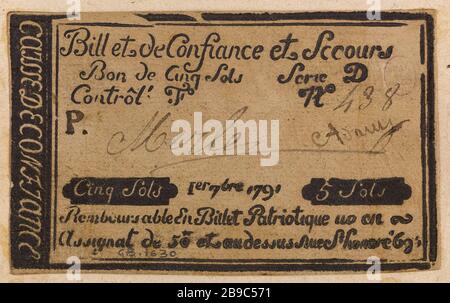 Fiducia dei biglietti e sollievo 5 piani fiducia in denaro 695 rue Saint-Honoré, Serie D, No. 438-P, 1 7bre 1791. Anonyme. Billet de confiance et de secours de 5 sols, caisse de confiance du 695 rue Saint-Honoré, série D, n° 438-P, 1er 7bre 1791. Typographie noire, encré. 1790-1793. Parigi, musée Carnavalet. Foto Stock