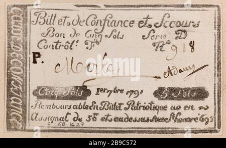 Fiducia dei biglietti e sollievo 5 piani fiducia in denaro 695 rue Saint-Honoré, Serie D, No. 918-P, 1 7bre 1791. Anonyme. Billet de confiance et de secours de 5 sols, caisse de confiance du 695 rue Saint-Honoré, série D, n° 918-P, 1er 7bre 1791. Typographie noire, encré. 1790-1793. Parigi, musée Carnavalet. Foto Stock