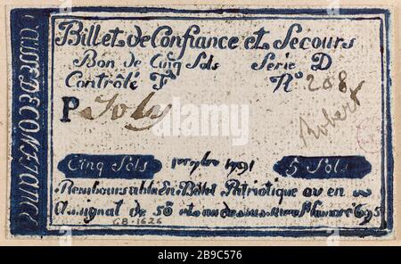 Fiducia dei biglietti e sollievo 5 piani fiducia in denaro 695 rue Saint-Honoré, Serie D, No. 208-P, 1 7bre 1791. Anonyme. Billet de confiance et de secours de 5 sols, caisse de confiance du 695 rue Saint-Honoré, série D, n° 208-P, 1er 7bre 1791. Tipographie bleue, encré. 1790-1793. Parigi, musée Carnavalet. Foto Stock