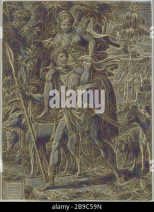 Allegoria sulla caccia Allegoria della caccia, il cacciatore di Orione porta sulla schiena Diana, la dea della caccia. Insieme vanno a caccia con cani da caccia. Sullo sfondo le ninfe di Diana, la caccia di Orion, la caccia di Diana, Giorgio Ghisi (citato su oggetto), Italia, 1556, carta, incisione, h 333 mm × w 250 mm, Reimagined by Gibon, design di calore allegro di luminosità e raggi di luce radianza. Arte classica reinventata con un tocco moderno. La fotografia ispirata al futurismo, che abbraccia l'energia dinamica della tecnologia moderna, del movimento, della velocità e rivoluziona la cultura. Foto Stock