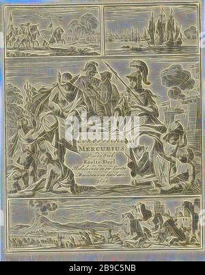 Minerva e Mercurio, circondato da bambini che giocano, titolo pagina per: Europeo Mercurio, quarto pezzo, primo volume: Abbracciando la prima Maiden del Jaer 1693, Jan Luyken, Amsterdam, 1693, carta, incisione, h 174 mm × w 137 mm, Reimagined by Gibon, disegno di calore allegro di luminosità e raggi di luce radianza. Arte classica reinventata con un tocco moderno. La fotografia ispirata al futurismo, che abbraccia l'energia dinamica della tecnologia moderna, del movimento, della velocità e rivoluziona la cultura. Foto Stock