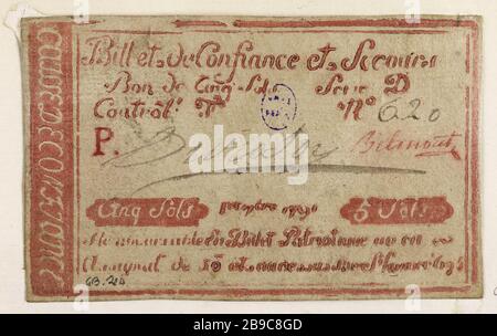 Ticket confidence e sollievo 5 piani Cash confidence 695 rue Saint-Honoré, Serie D, No. 620, 1791 1st 7bre Caisse de confidance. Billet de confiance et de secours de 5 sols, caisse de confiance du 695 rue Saint-Honoré, série D, n° 620, 1er 7bre 1791. Typographie rouge, enca. Parigi, musée Carnavalet. Foto Stock