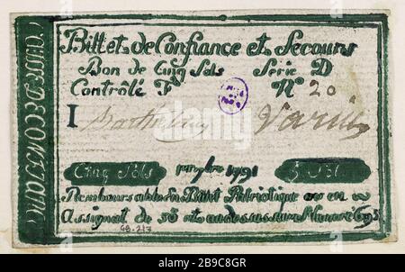 Ticket confidence e sollievo 5 piani Cash confidence 695 rue Saint-Honoré, Serie D, No. 20, 1791 1 7bre Caisse de confidance. Billet de confiance et de secours de 5 sols, caisse de confiance du 695 rue Saint-Honoré, série D, n° 20, 1er 7bre 1791. Typographie verte, Encre. Parigi, musée Carnavalet. Foto Stock