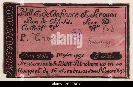 Ticket confidence e sollievo 5 piani Cash confidence 695 rue Saint-Honoré, Serie D, No. 803, 1791 1st 7bre Caisse de confidance. Billet de confiance et de secours de 5 sols, caisse de confiance du 695 rue Saint-Honoré, série D, n° 803, 1er 7bre 1791. Typographie, Encre, rosa papier. Parigi, musée Carnavalet. Foto Stock