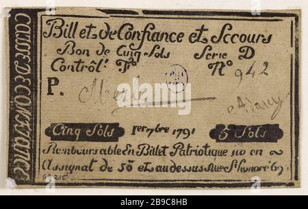 Ticket confidence e sollievo 5 piani Cash confidence 695 rue Saint-Honoré, Serie D, No. 942, 1791 1st 7bre Caisse de confidance. Billet de confiance et de secours de 5 sols, caisse de confiance du 695 rue Saint-Honoré, série D, n° 942, 1er 7bre 1791. Typographie, encré. Parigi, musée Carnavalet. Foto Stock