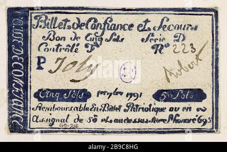 Ticket confidence e sollievo 5 piani Cash confidence 695 rue Saint-Honoré, Serie D, No. 223, 1791 1st 7bre Caisse de confidance. Billet de confiance et de secours de 5 sols, caisse de confiance du 695 rue Saint-Honoré, série D, n° 223, 1er 7bre 1791. Tipographie bleue, encré. Parigi, musée Carnavalet. Foto Stock