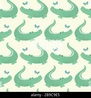 Design a coccodrillo. Carino animale vettore senza cuciture ripetizione con farfalle. Ideale per progetti di bambini e bambini. Illustrazione Vettoriale