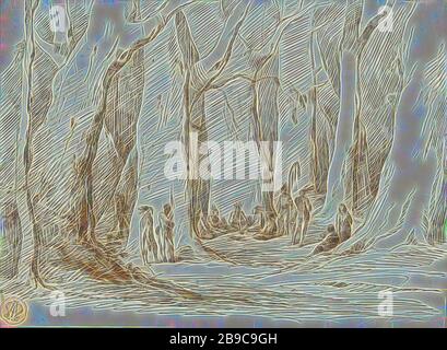 Incontro dei nativi americani in una foresta, incontro dei nativi americani in una foresta alta. Alcuni seduti sul pavimento in mezzo cerchio., Gustave Doré, 1842 - 1883, carta, inchiostro, penna, h 215 mm × w 296 mm, Reimagined by Gibon, design di calore allegro di luminosità e raggi di luce radianza. Arte classica reinventata con un tocco moderno. La fotografia ispirata al futurismo, che abbraccia l'energia dinamica della tecnologia moderna, del movimento, della velocità e rivoluziona la cultura. Foto Stock