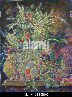 Ancora la vita con la frutta, ancora la vita con la frutta. Su un plinto di marmo una vita ferma con ananas, mais, uva, pere, frutti di bosco, nocciole, arance, albicocche, un melone, more e prugne. Inoltre, sono presenti anche alcuni fiori, rami con foglie e farfalle. Sulla destra un vaso con putti., Jacobus Linthorst, 1808, pannello, pittura ad olio (vernice), h 84 cm × w 66 cm d 5,5 cm, Reimagined by Gibon, disegno di calore allegro di luminosità e raggi di luce radianza. Arte classica reinventata con un tocco moderno. Fotografia ispirata al futurismo, che abbraccia l'energia dinamica della tecnologia moderna, m Foto Stock