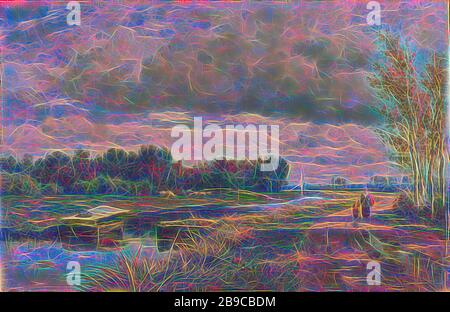 Paesaggio nei dintorni del paesaggio dell'Aia nei dintorni dell'Aia, paesaggio nei dintorni dell'Aia. Una madre e un bambino passano sopra una strada di pudddle. In primo piano sul lungomare alcune anatre. A sinistra un fossato e un prato con pecore, in lontananza una casa dietro alberi, canale, strada, sentiero, l'Aia, Willem Roelofs (i), c. 1870 - c.. 1875, tela, pittura ad olio (vernice), h 48 cm × w 75 cm, Reimagined by Gibon, disegno di calore allegro di luminosità e raggi di luce radianza. Arte classica reinventata con un tocco moderno. Fotografia ispirata al futurismo, che abbraccia dyna Foto Stock