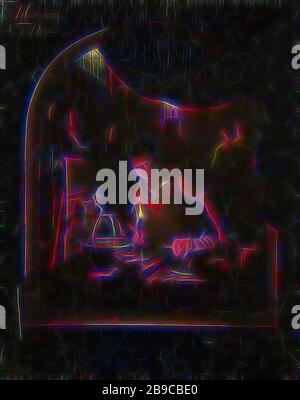 Cucina a Lamplight, vista attraverso una finestra su una cucina a lampare. Una cameriera riempie un bollitore d'acqua da un rubinetto, ha una lampada ad olio nella sua mano destra. Sullo sfondo una donna in piedi con un bambino sul suo braccio da una candela., Adriaan Meulemans, 1817, pannello, pittura ad olio (vernice), h 50 cm × w 40 cm d 10,5 cm, Reimagined by Gibon, design di calore allegro di luminosità e raggi di luce radianza. Arte classica reinventata con un tocco moderno. La fotografia ispirata al futurismo, che abbraccia l'energia dinamica della tecnologia moderna, del movimento, della velocità e rivoluziona la cultura. Foto Stock