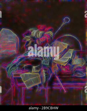 Vanitas Still Life, Vanitas ancora vita. Ancora vita con un casco con piume, un foglio di carta con un versetto e un sigillo, una kuras, libri, un bagpipe e una tromba, manette, un banner, uno staff vescovo, una pala, un turbante con una corona e un globo., Cornelis Brisé, 1665, tela, olio vernice (vernice), H 107 cm × w 90 cm d 8 cm, Reimagined by Gibon, design di calda luce luminosa e luminosa. Arte classica reinventata con un tocco moderno. La fotografia ispirata al futurismo, che abbraccia l'energia dinamica della tecnologia moderna, del movimento, della velocità e rivoluziona la cultura. Foto Stock