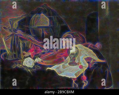 Vanitas Still Life, Vanitas ancora vita. Su un tavolo sono un violino, un crocifisso, un cranio, fiori, un roemer, un documento con ceralacca, libri, un assortimento d'inchiostro e un globo., Jacques de Cleuw, 1650, pannello, pittura ad olio (vernice), h 54 cm × w 71 cm d 6,5 cm, Reimagined by Gibon, design di calore allegro di luminosità e raggi di luce radianza. Arte classica reinventata con un tocco moderno. La fotografia ispirata al futurismo, che abbraccia l'energia dinamica della tecnologia moderna, del movimento, della velocità e rivoluziona la cultura. Foto Stock