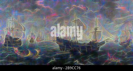 L'Armada spagnola al largo della costa inglese nel 1588, l'Armada spagnola al largo della costa inglese nel 1588. Una flotta di navi da guerra spagnole, con alcuni cavalli che nuotano in primo piano, oltre uno yacht e alcune piccole barche ., Cornelis Claesz. Van Wieringen, c. 1620 - 1625, tela, pittura ad olio (vernice), supporto: H 102,5 cm × w 206,2 cm d 8 cm, reimmaginata da Gibon, disegno di calda luce allegra di luminosità e raggi luminosi. Arte classica reinventata con un tocco moderno. La fotografia ispirata al futurismo, che abbraccia l'energia dinamica della tecnologia moderna, del movimento, della velocità e rivoluziona la cultura. Foto Stock