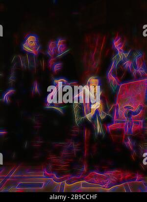 L'ultima preghiera di Johan van Oldenbarnevelt, l'ultima preghiera di Johan van Oldenbarnevelt. All'interno, l'avvocato statale si inginocchia in preghiera, il suo bastone da passeggio appoggiato contro una sedia. Dietro di lui, un uomo in piedi con una Bibbia punta gli occhi verso l'alto, Johan van Oldenbarnevelt, Simon Opzoomer, 1840 - 1878, pannello, pittura ad olio (vernice), h 108.2 cm × w 83 cm × t 3.9 cm d 13.5 cm, Reimagined by Gibon, design di calore allegro di luminosità e raggi di luce radianza. Arte classica reinventata con un tocco moderno. Fotografia ispirata al futurismo, che abbraccia l'energia dinamica della tecnologia moderna, del movimento, Foto Stock