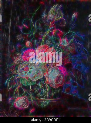 Still Life with Flowers on a Marble Tabletop, ancora vita con fiori in vaso di vetro su un tavolo di marmo. Bouquet con rose, papaveri, iridi, garofani e bindweed in vaso di vetro blu. Tra i fiori tutti i tipi di insetti., Fiori in un vaso, insetti, Rachel Ruysch (citato su oggetto), 1716, tela, pittura ad olio (vernice), h 48,5 cm × w 39,5 cm, Reimagined by Gibon, disegno di calore allegro di luminosità e raggi di luce radianza. Arte classica reinventata con un tocco moderno. Fotografia ispirata al futurismo, che abbraccia l'energia dinamica della tecnologia moderna, del movimento, della velocità e della rivoluzione Foto Stock