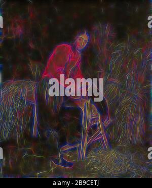 Rifilatura balle o fieno, la fresa paglia. In un fienile un servo taglia la paglia su un banco., Caspar Netscher (attribuito a), 1660 - 1684, pannello, pittura ad olio (vernice), h 29 cm × w 24,5 cm d 5,5 cm, Reimagined by Gibon, disegno di calore allegro di luminosità e raggi di luce radianza. Arte classica reinventata con un tocco moderno. La fotografia ispirata al futurismo, che abbraccia l'energia dinamica della tecnologia moderna, del movimento, della velocità e rivoluziona la cultura. Foto Stock