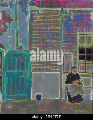 Donna di fronte alla sua casa, una donna sta facendo artigianato di fronte alla sua casa, sulla sinistra una porta con un secchio accanto ad essa. Negli alberi di fondo, cucito domestico, riparazione di vestiti, alloggiamento urbano, Jan Mankes (menzionato sull'oggetto), 1914, tela, vernice ad olio (vernice), h 25,5 cm × w 20 cm h 28 cm × w 23,5 cm × d 3 cm, reimmaginata da Gibon, design di calore allegro di luminosità e raggi di luce radianza. Arte classica reinventata con un tocco moderno. La fotografia ispirata al futurismo, che abbraccia l'energia dinamica della tecnologia moderna, del movimento, della velocità e rivoluziona la cultura. Foto Stock