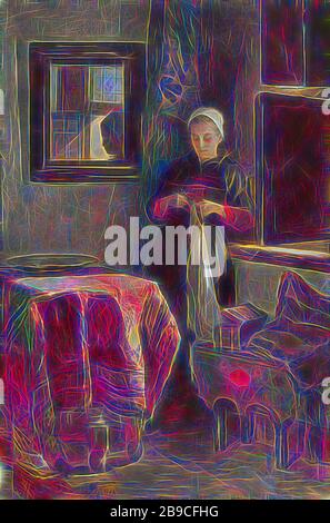 L'angolo soleggiato': Giovane donna in una stanza in Hindelopen, l'angolo soleggiato, interno della casa, casa cucito, riparazione di vestiti, adolescente, giovane donna, maiden, Hindeloopen, Christoffel Bisschop (menzionato su oggetto), Olanda, 1838 - 1904, carta, vernice coperta, acquerello (vernice), pennello, h 760 mm × w 507 mm, Reinventata da Gibon, design di calda luce allegra di luminosità e raggi di luce radianza. Arte classica reinventata con un tocco moderno. La fotografia ispirata al futurismo, che abbraccia l'energia dinamica della tecnologia moderna, del movimento, della velocità e rivoluziona la cultura. Foto Stock
