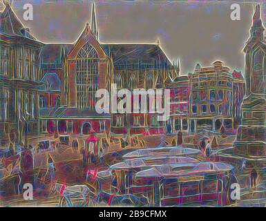 Piazza Dam ad Amsterdam, Piazza Dam con la Nieuwe Kerk, piazza, luogo, circo, ecc, diligenza, omnibus, tram-cavallo, chiesa (esterno), Piazza Dam, Nieuwe Kerk, Piazza Naatje op Dam, Palazzo reale di Amsterdam, George Hendrik Breitner, Olanda, 1901, carta, vernice coperta, matita, pennello, h 400 mm × w 510 mm, Reimagined by Gibon, design di calore allegro di luminosità e raggi di luce radianza. Arte classica reinventata con un tocco moderno. La fotografia ispirata al futurismo, che abbraccia l'energia dinamica della tecnologia moderna, del movimento, della velocità e rivoluziona la cultura. Foto Stock