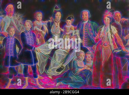 David George van Lennep (1712-97), Senior commerciante olandese di fabbrica a Smirne e la moglie e i figli al centro nel mezzo sono Anna Marie Leidstar e il padre familias David George su un lungo divano giallo. Anne Marie indossa abiti turchi e ha il suo figlio più giovane Jacob sul suo giro, che indossa un abito giallo. Sul suo lato destro, la sua figlia più giovane Hester Maria è stata mostrata in piedi sul lettino con un fiore in mano. David George è vestito in abiti occidentali e detiene due lettere di sua mano. Inoltre, sul divano giallo a sinistra del giovane, nonno Justinus Foto Stock