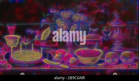 Still Life, ancora vita con torte, torta, panini, ciotole con bacche e uva, frutta, bicchieri e coltello, prodotti alimentari, ancora vita di prodotti alimentari, Osias Beert (modo di), 1600 - 1650, pannello, pittura ad olio (vernice), h 64,5 cm × w 115 cm d 8,5 cm, Reimagined by Gibon, design di calore allegro di luminosità e raggi di luce radianza. Arte classica reinventata con un tocco moderno. La fotografia ispirata al futurismo, che abbraccia l'energia dinamica della tecnologia moderna, del movimento, della velocità e rivoluziona la cultura. Foto Stock