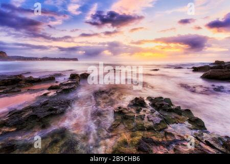 Alghe verdi sulle rocce di arenaria intorno a Turimetta dirigersi sulle spiagge settentrionali di Sydney all'alba. Foto Stock