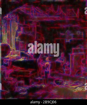 L'Alchemist, un alchimista seduto scrivendo ad una scrivania nel suo laboratorio. Davanti a lui c'è un ragazzo con una grande ciotola. Sul tavolo da lavoro e sul pavimento sono pile di libri e carte, pentole, bollitori, un mortaio e un globo. Un coccodrillo farcito pende dal soffitto. Sullo sfondo una donna con un bambino è seduta accanto a una stufa., Thomas Wijck, 1640 - 1677, pannello, pittura ad olio (vernice), h 43 cm × w 37,5 cm d 10,8 cm, Reimagined by Gibon, design di calore allegro di luminosità e raggi di luce radianza. Arte classica reinventata con un tocco moderno. Fotografia ispirata al futurismo, che abbraccia la dinamicità Foto Stock